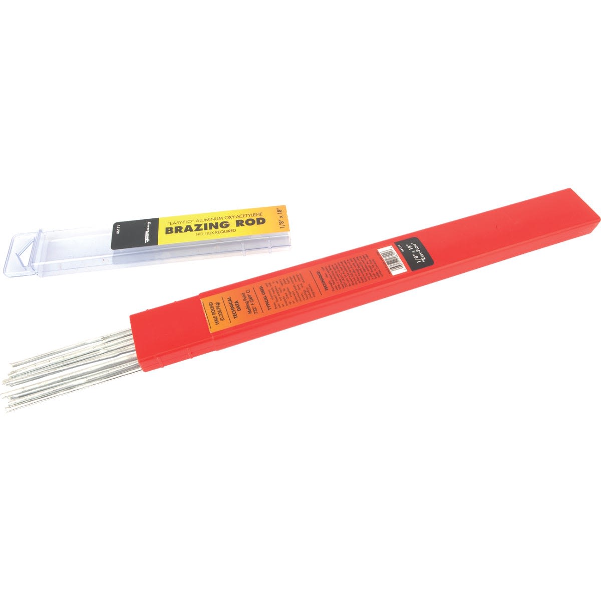 Set of aluminum brazing rods in red and clear plastic packaging for tools and home improvement tasks