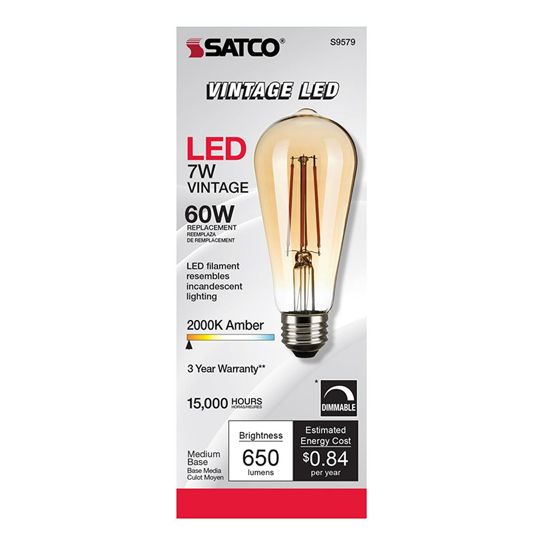 7 watt amber ST19 LED bulb with dimmable filament, medium base, 650 lumens for lighting and electrical collections under $50