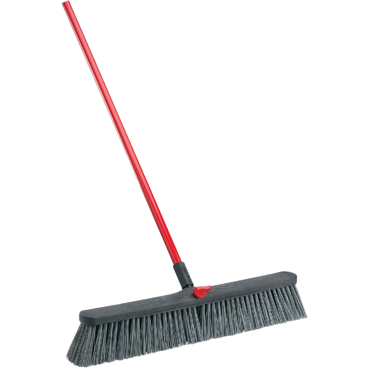 64-inch push broom with stiff gray polymer bristles and red steel handle for rough surface cleaning tasks