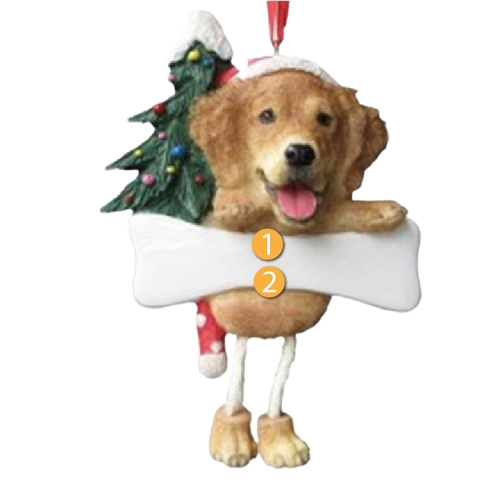 Golden retriever Christmas ornament holding a bone with dangling legs and festive tree decoration