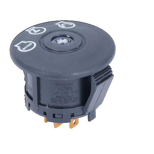Black rotary ignition switch with white directional icons and metal connectors for tools and home improvement use