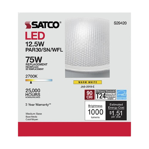 Packaging of Satco 12.5 watt PAR30 short neck LED warm white floodlight bulb with energy and brightness details