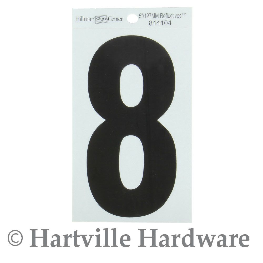 Black and silver reflective adhesive house number 8 for easy installation and improved visibility in home improvement projects