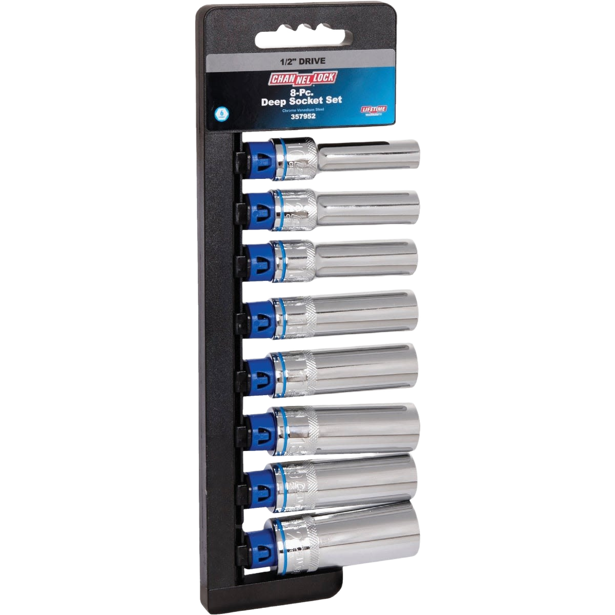 Set of eight chrome deep 6-point metric sockets with blue color bands for easy grip in hand tools and woodworking collections
