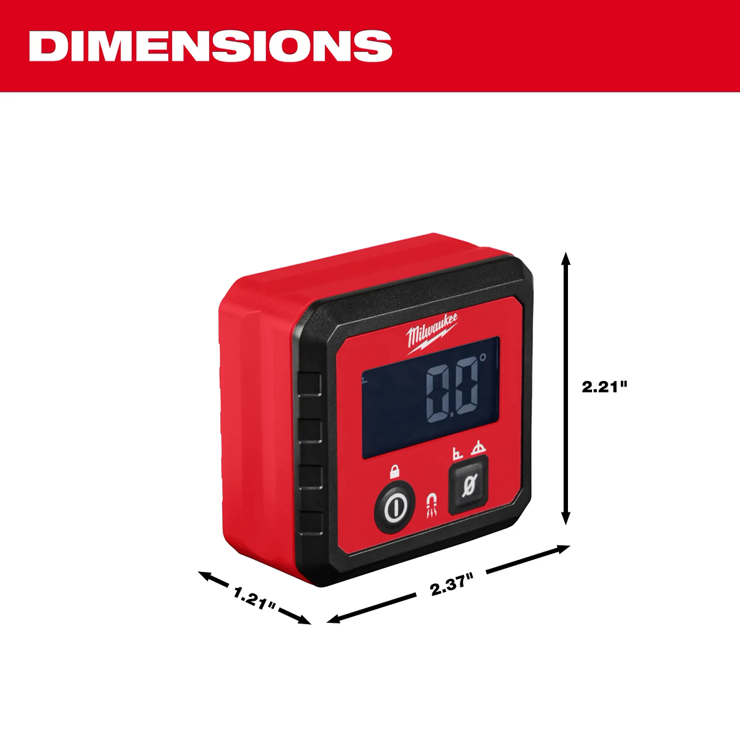 Compact red and black Milwaukee digital angle gauge with clear LCD and lock functions for woodworking and measuring tools