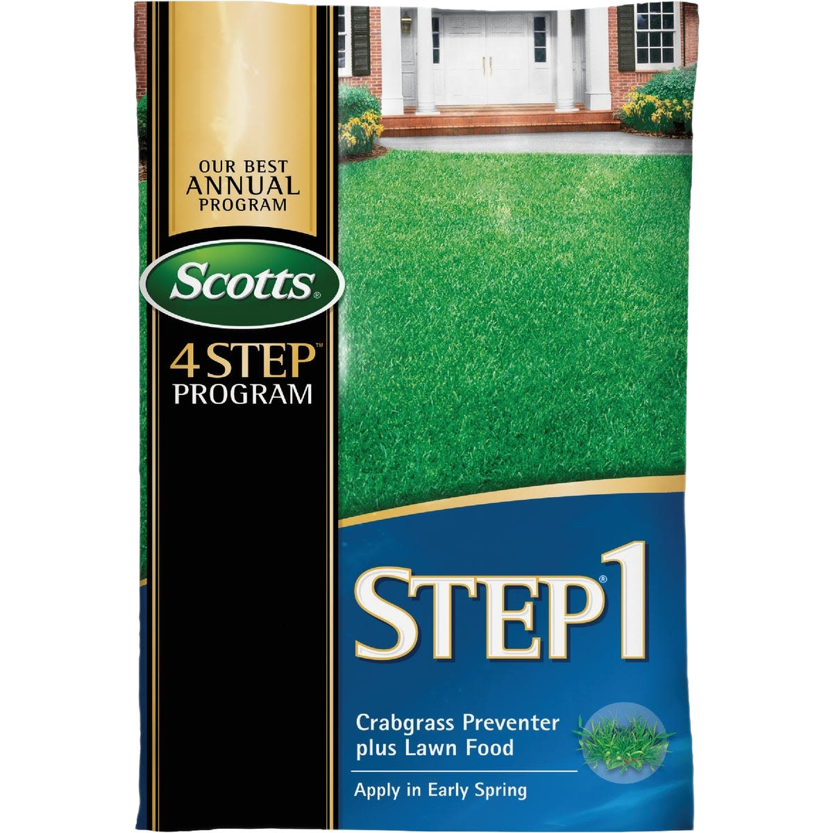 Bag of Scotts crabgrass preventer and lawn food with green lawn and house entrance in background