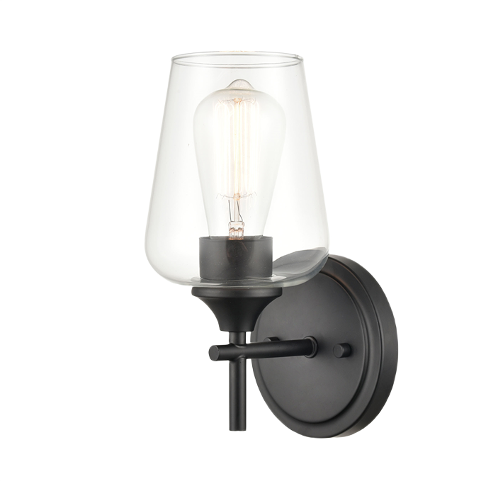 Matte black wall light with clear glass shade, suitable for bathroom vanity lighting and home improvement collections