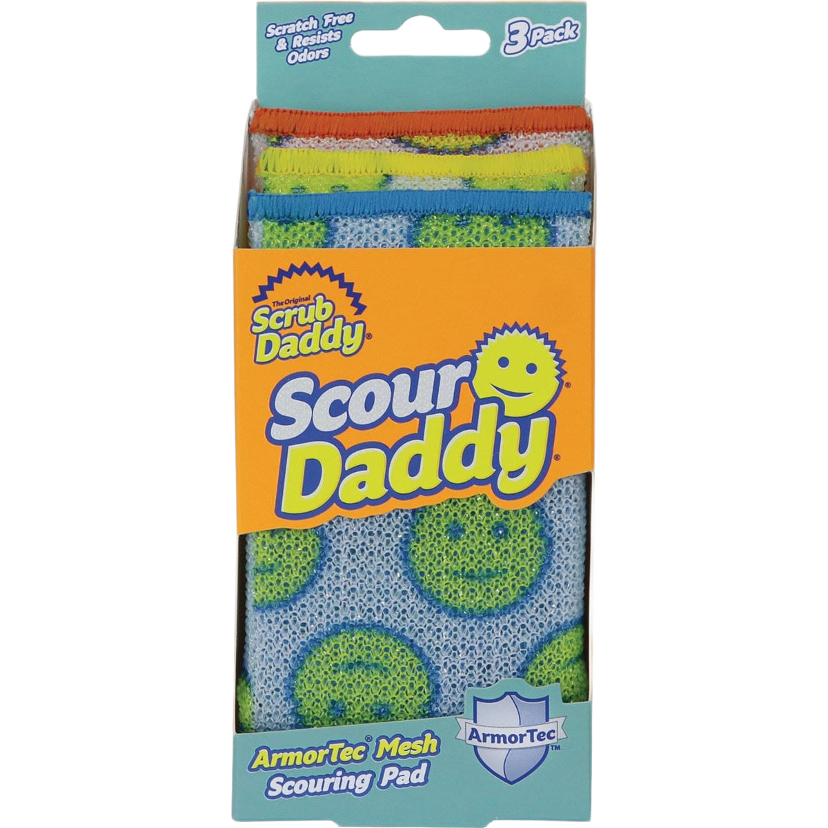 Three-pack of colorful scouring pads with mesh layers, designed for cleaning tasks in the Cleaning Tools collection under $50