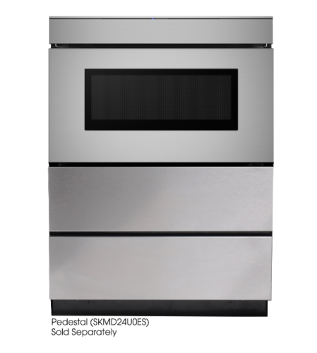 Front view of stainless steel microwave drawer with sleek edge-to-edge design in built-in microwaves and kitchen appliances collection