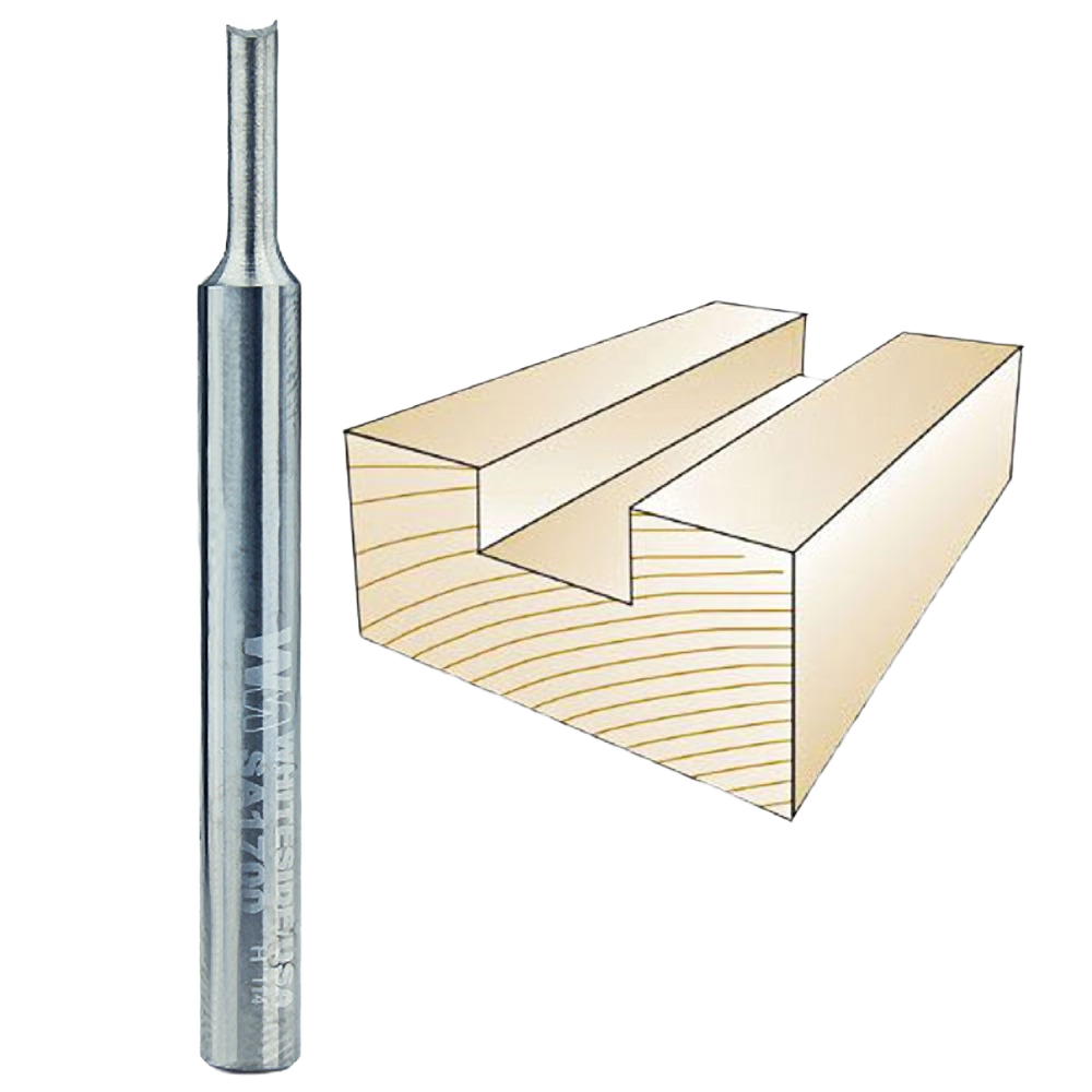 Straight woodworking bit with O-flute design beside wooden board showing a clean, precise groove cut for home improvement tasks