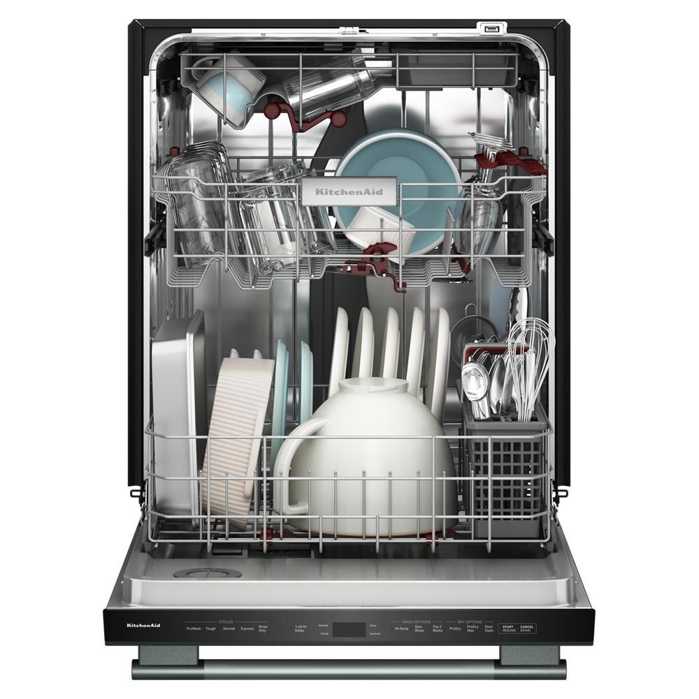 Open dishwasher loaded with dishes, cups, and utensils on multiple racks, featuring stainless steel interior and racks