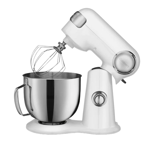 White stand mixer with stainless steel bowl and speed control knob for kitchen baking and cooking tasks