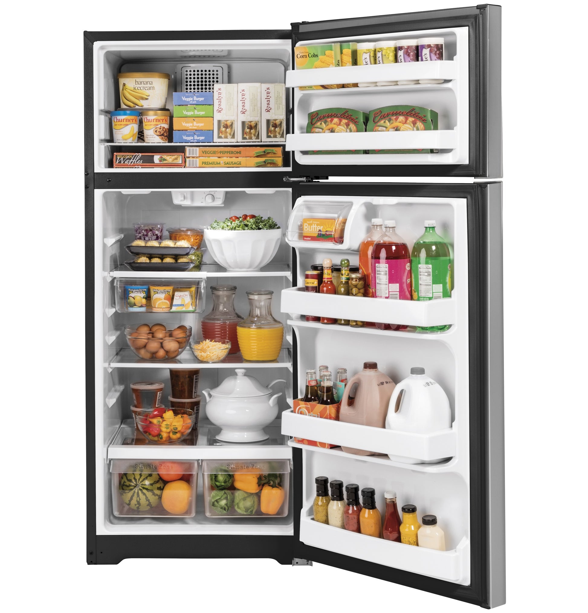 Open black top-freezer refrigerator filled with assorted groceries and beverages in kitchen appliances collection