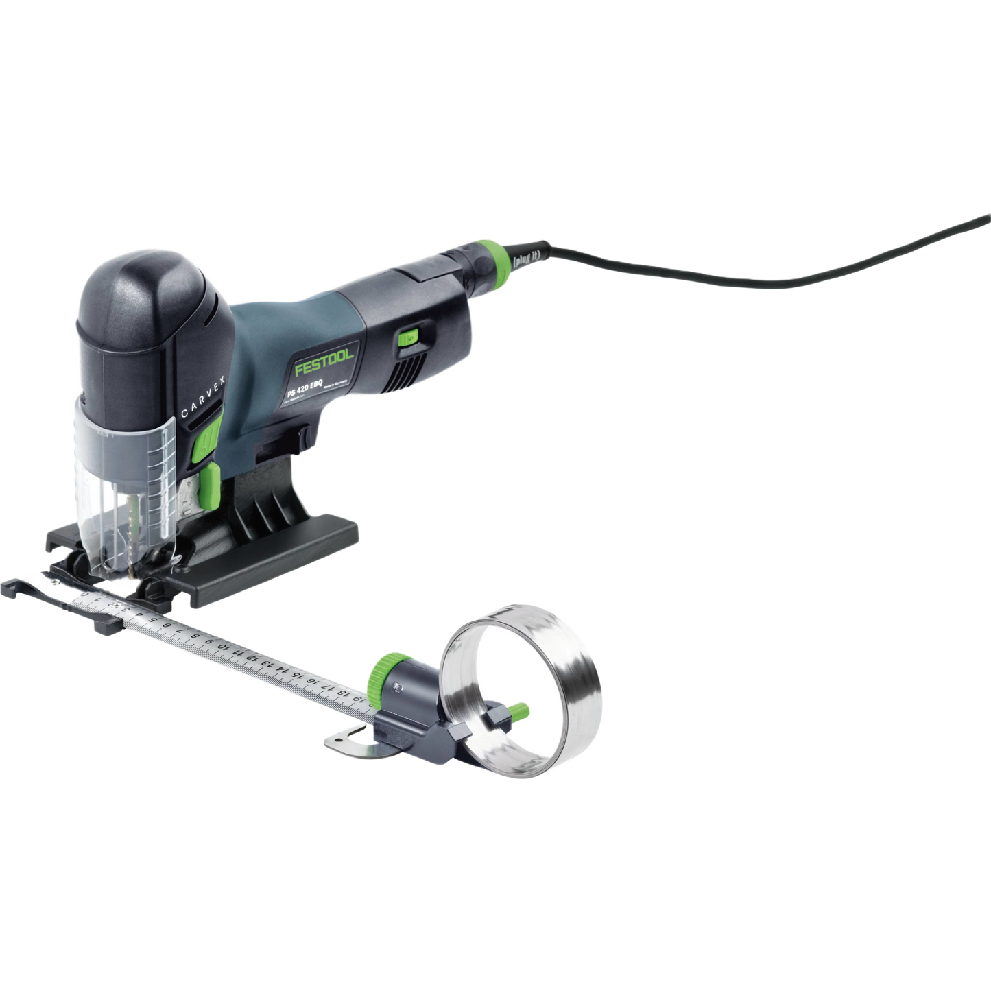 Festool Carvex jigsaw equipped with metal circle cutting attachment for precision tool accessories collection