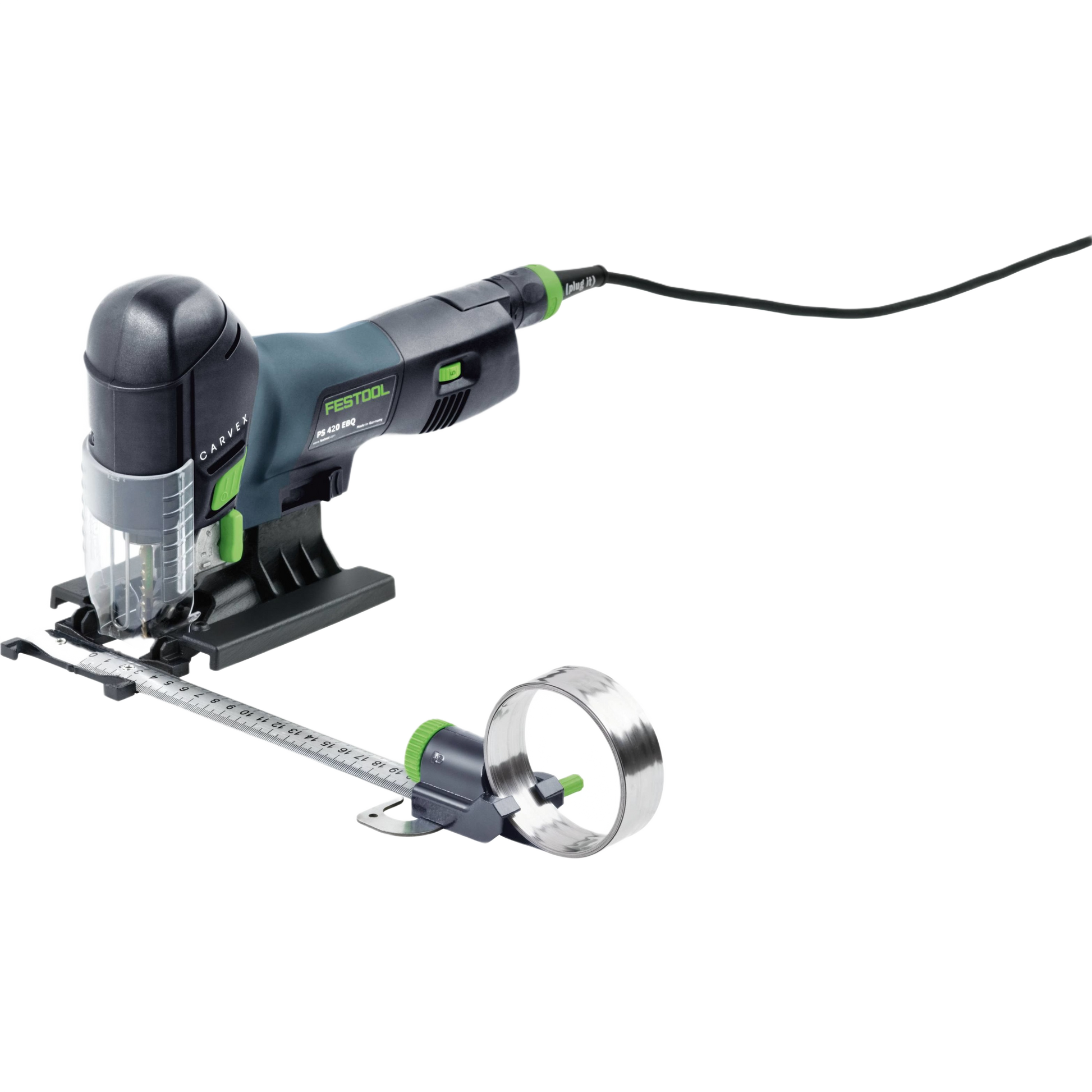 Festool Carvex jigsaw equipped with metal circle cutting attachment for precision tool accessories collection