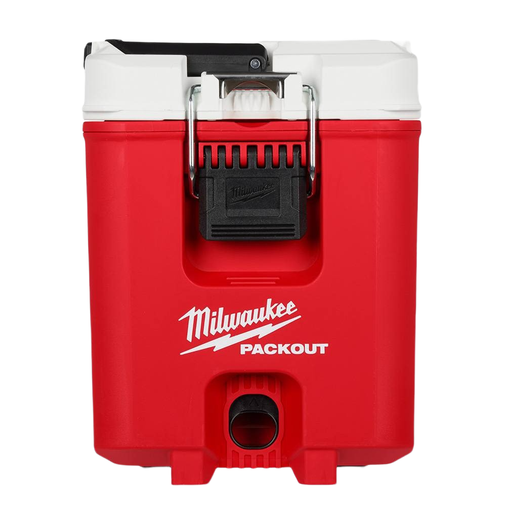 Red and white compact cooler with lockable latch and durable impact-resistant design for jobsite storage and organization