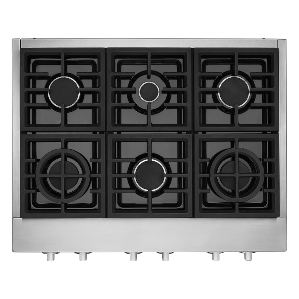 Stainless steel 36-inch gas rangetop with six burners and heavy-duty cast iron grates from KitchenAid cooktops collection