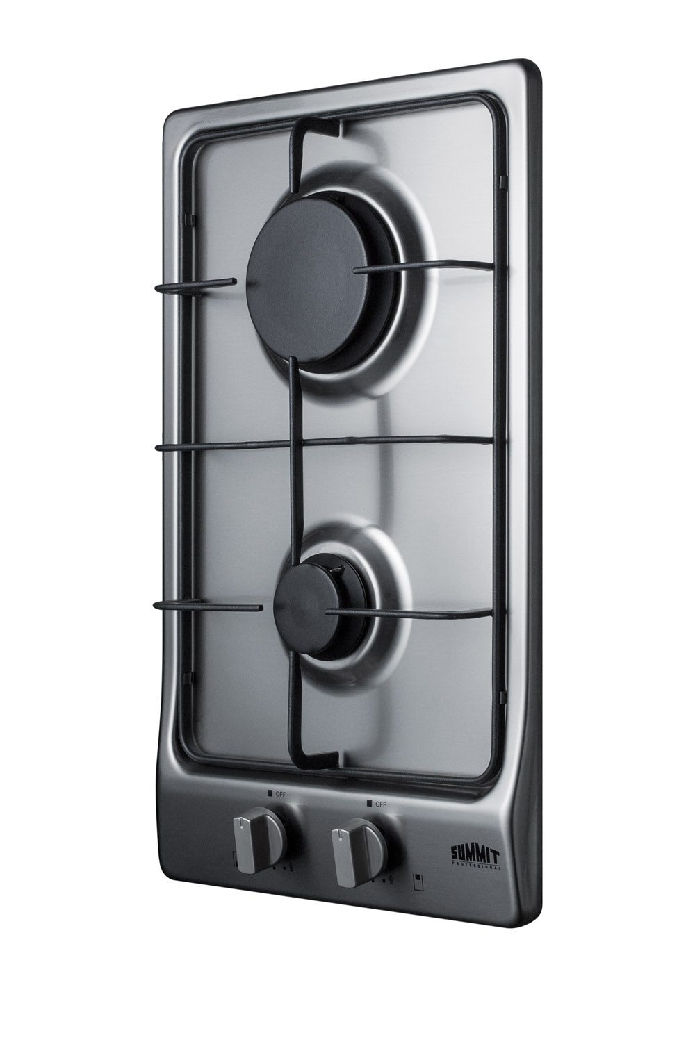 Stainless steel 2-burner gas cooktop with black burner grates and metallic control knobs for modern kitchens.