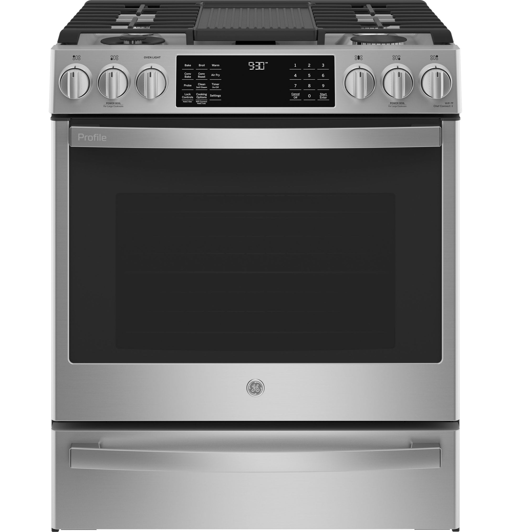 Front view of fingerprint-resistant stainless steel smart dual fuel slide-in range with digital controls in kitchen appliances collection