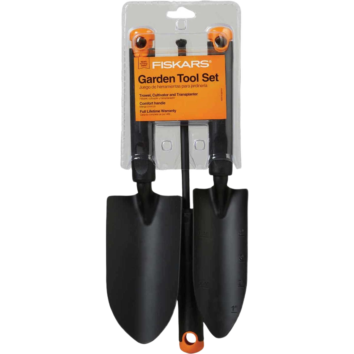 Three-piece Fiskars steel garden tool set with trowel, cultivator, and transplanter for outdoor gardening tasks