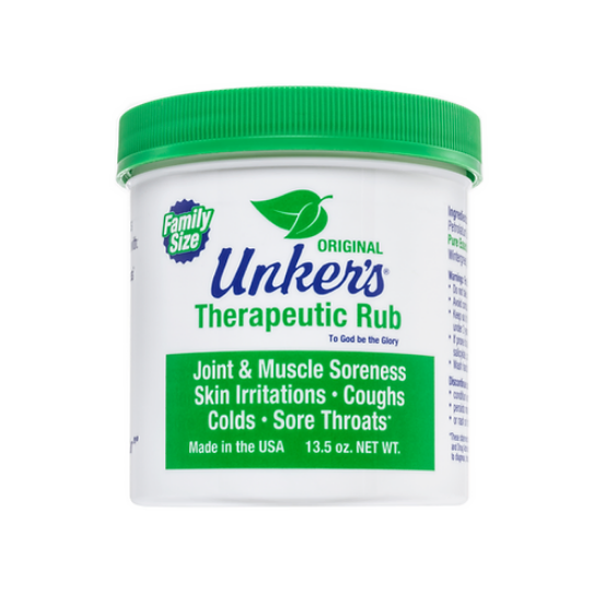 White container with green lid of therapeutic rub for muscle relief and skin care in Health & Beauty collection