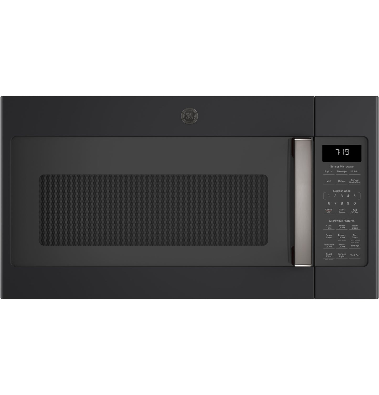 Black over-the-range microwave with sensor cooking, digital display, and stainless steel handle in kitchen appliances collection