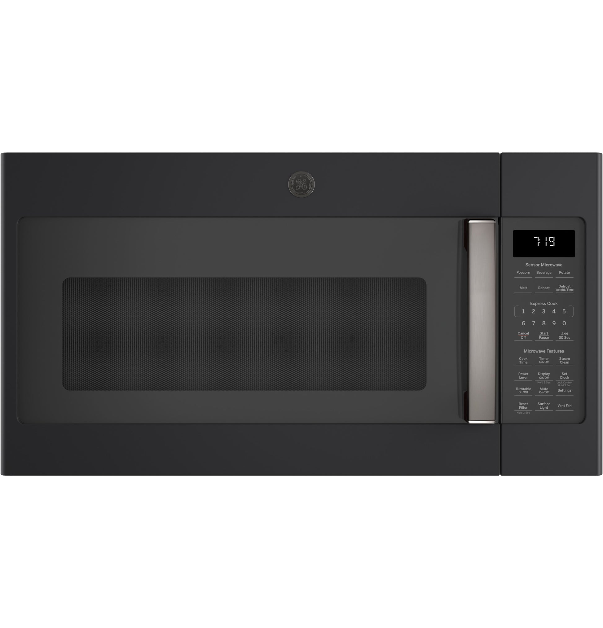 Black over-the-range microwave with sensor cooking, digital display, and stainless steel handle in kitchen appliances collection