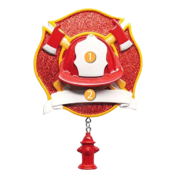 Red glitter fireman emblem ornament with customizable hat and name banner for Christmas tree decorations under $50 collection