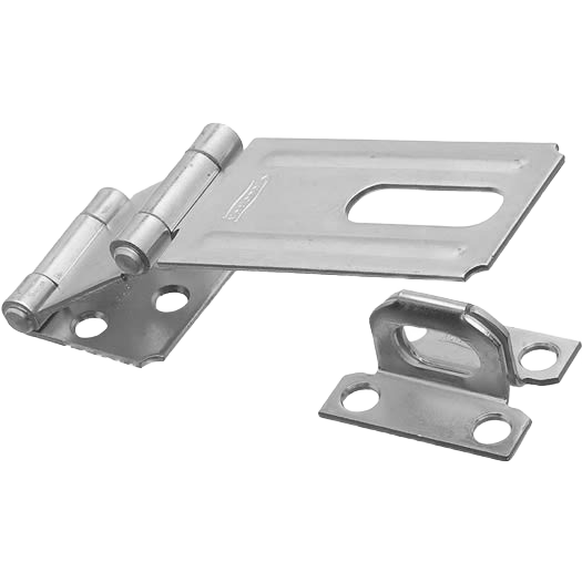 Double hinge zinc hasp with mounting holes for securing doors, lockers, and chests in home improvement projects under $50