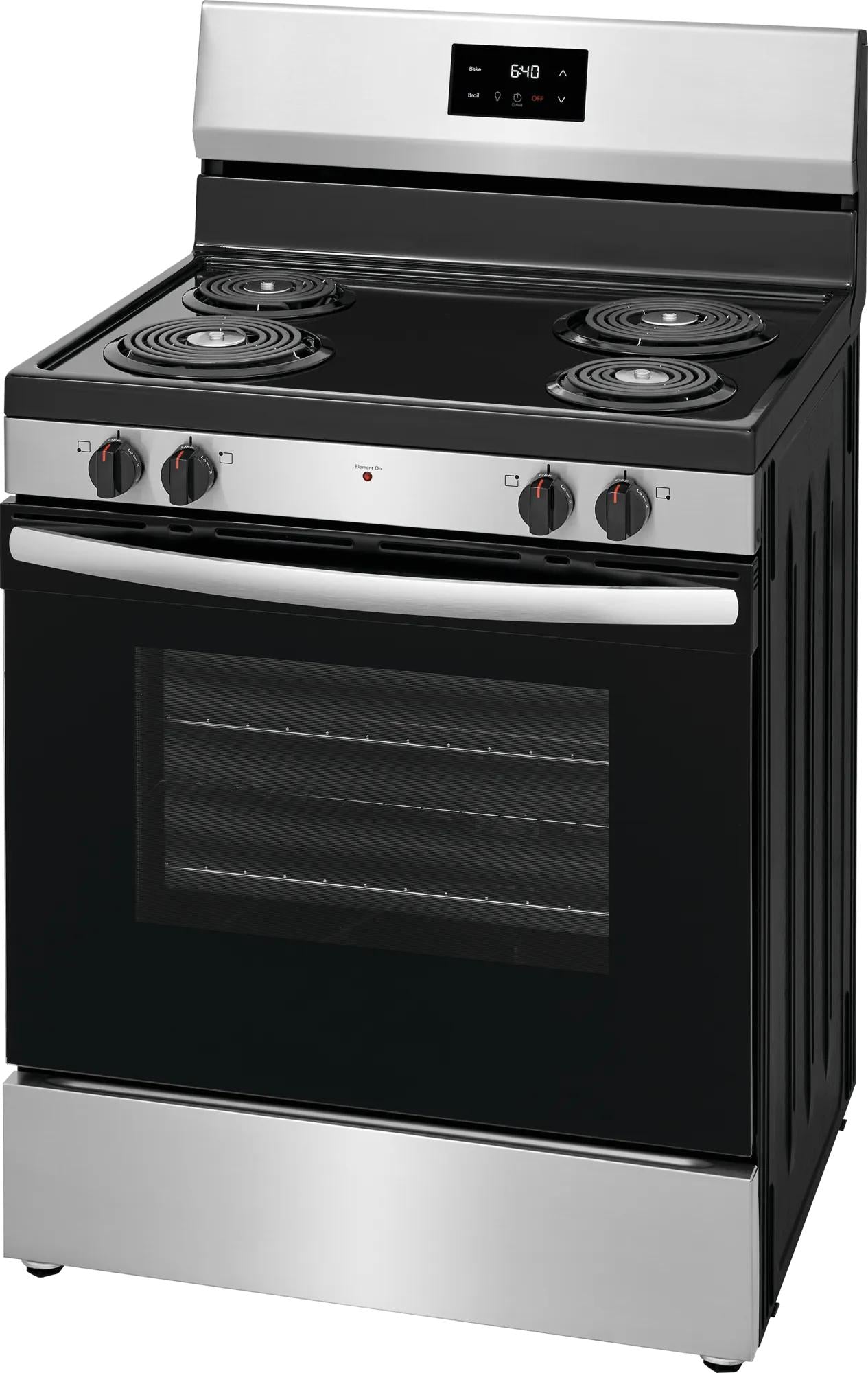 Freestanding electric range with coil burners and digital display for kitchen, appliances, and home improvement collections