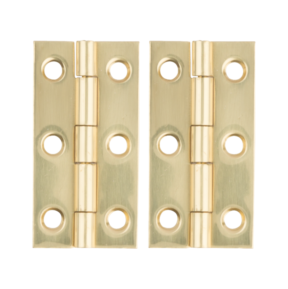 Two solid brass narrow decorative hinges with six mounting holes for small craft and hardware projects under $50