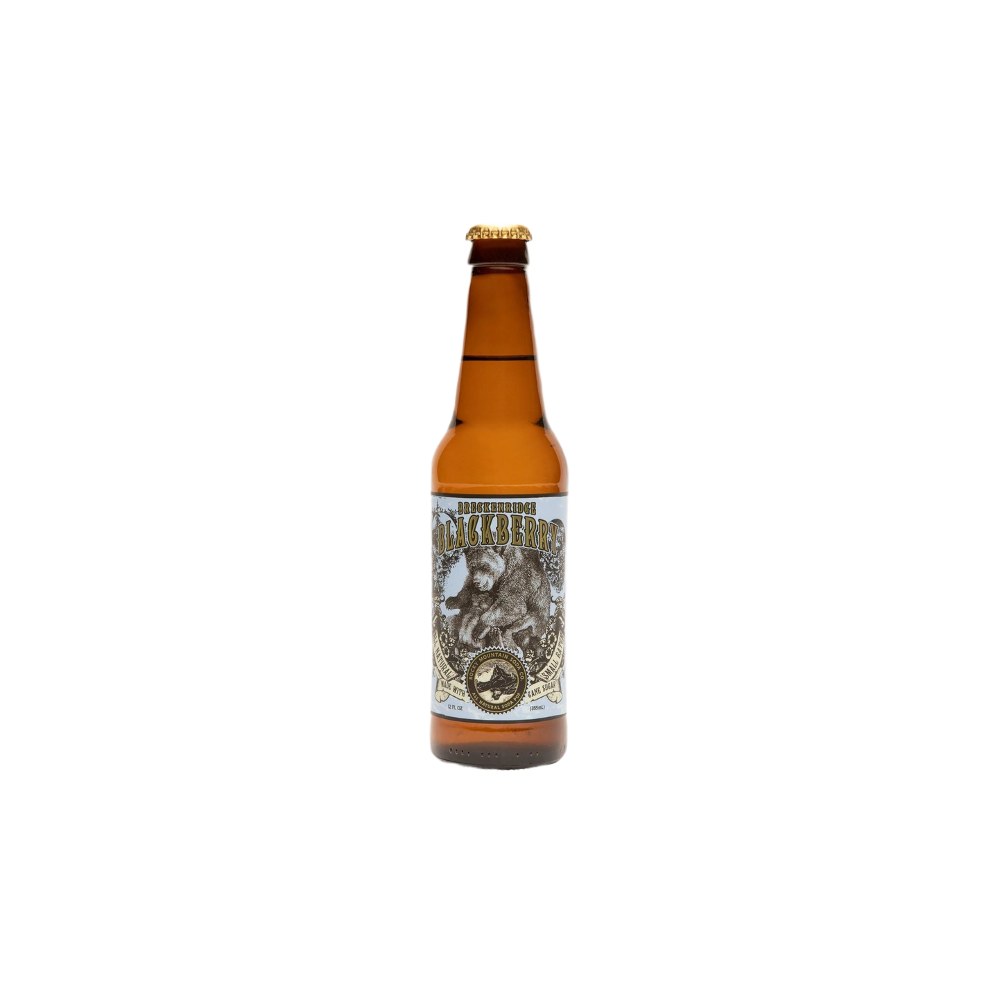 Amber glass bottle of Rocky Mountain Blackberry Soda with detailed vintage-style label and gold cap