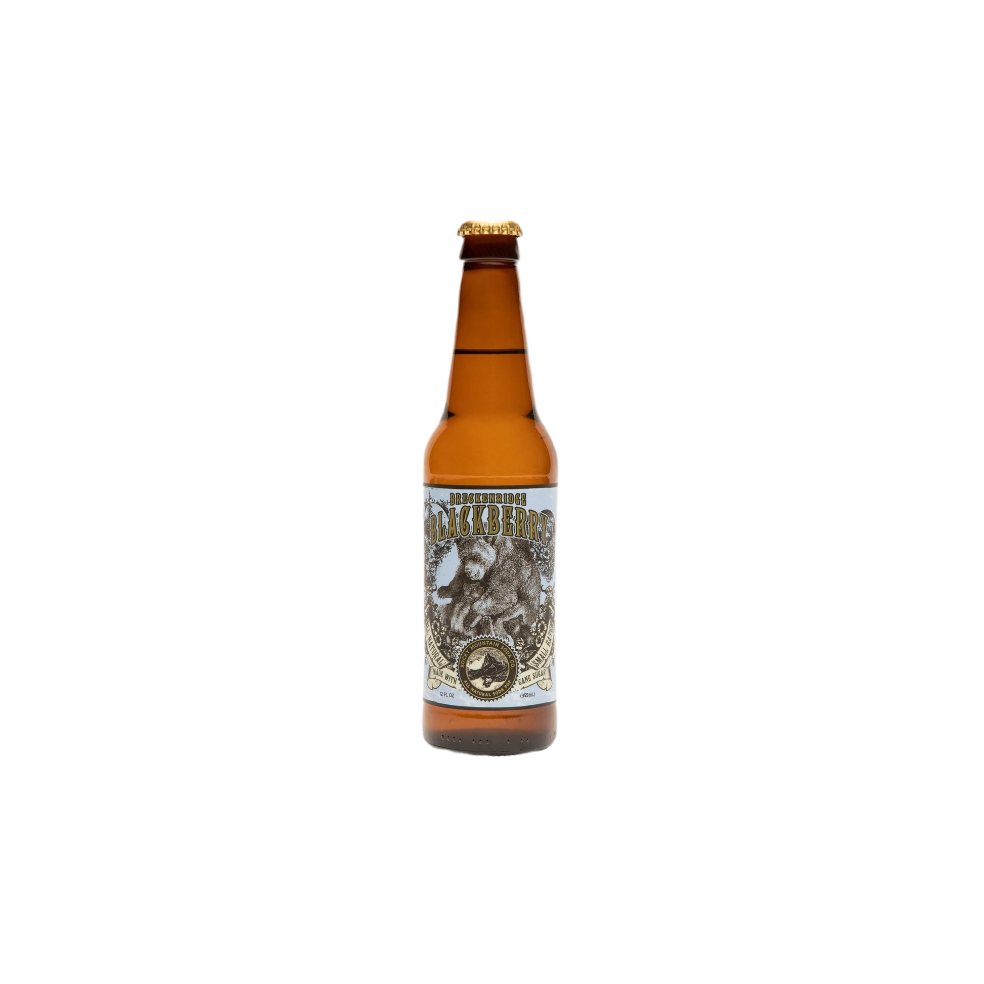 Amber glass bottle of Rocky Mountain Blackberry Soda with detailed vintage-style label and gold cap