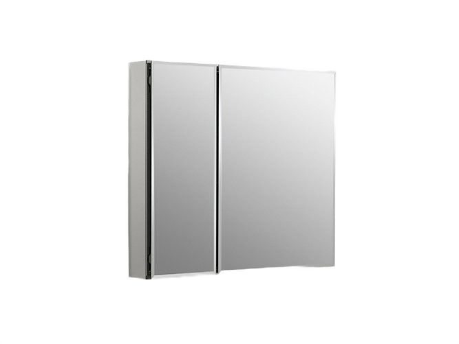 Aluminum two-door medicine cabinet with mirrored fronts designed for home improvement and bathroom storage