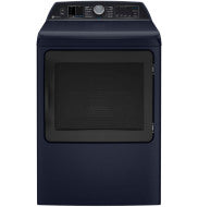Dark blue smart electric dryer with large window door, digital controls, and steam feature from dryer's appliance collection