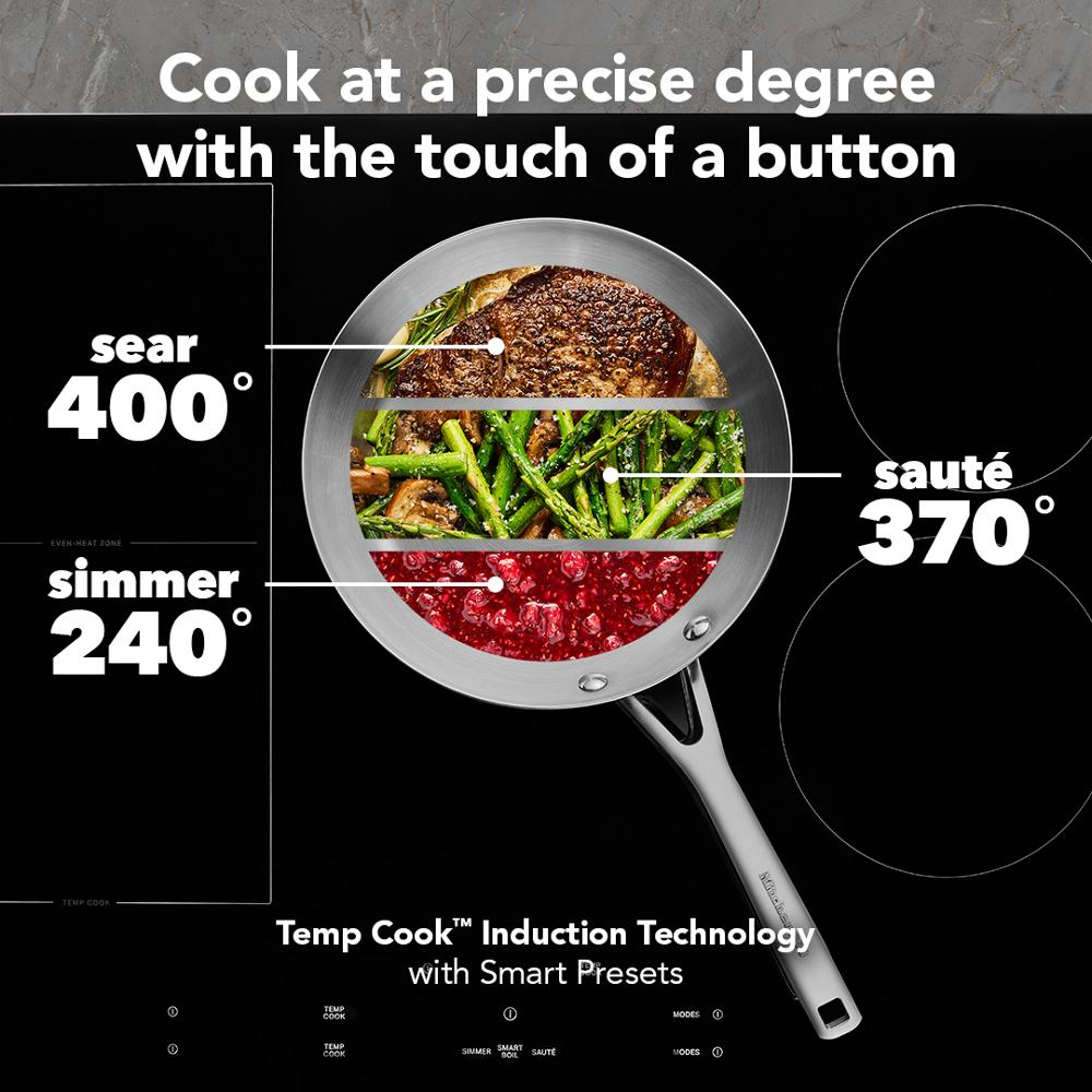 Stainless steel skillet with steak, asparagus, and sauce showing precise temperature presets for sear, sauté, and simmer cooking modes
