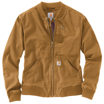 Carhartt Women's Relaxed Fit Rugged Flex bomber jacket in brown with zippered chest pocket, ribbed cuffs and collar, and durable fabric for outerwear collections.