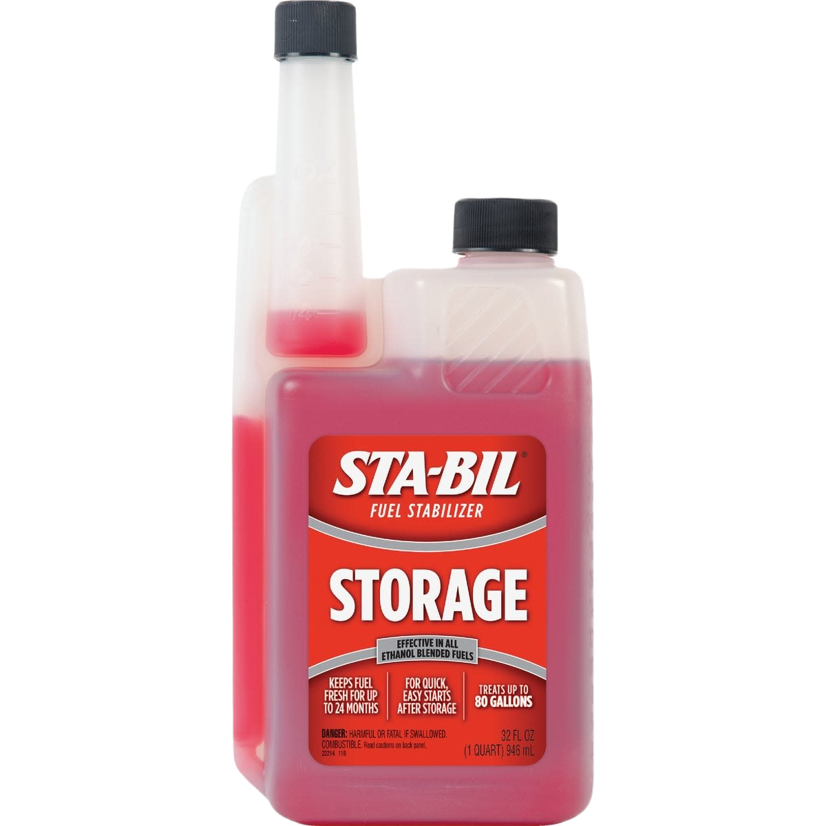 Red liquid fuel stabilizer in a clear plastic measuring bottle for automotive fluids and home improvement at Hartville Hardware