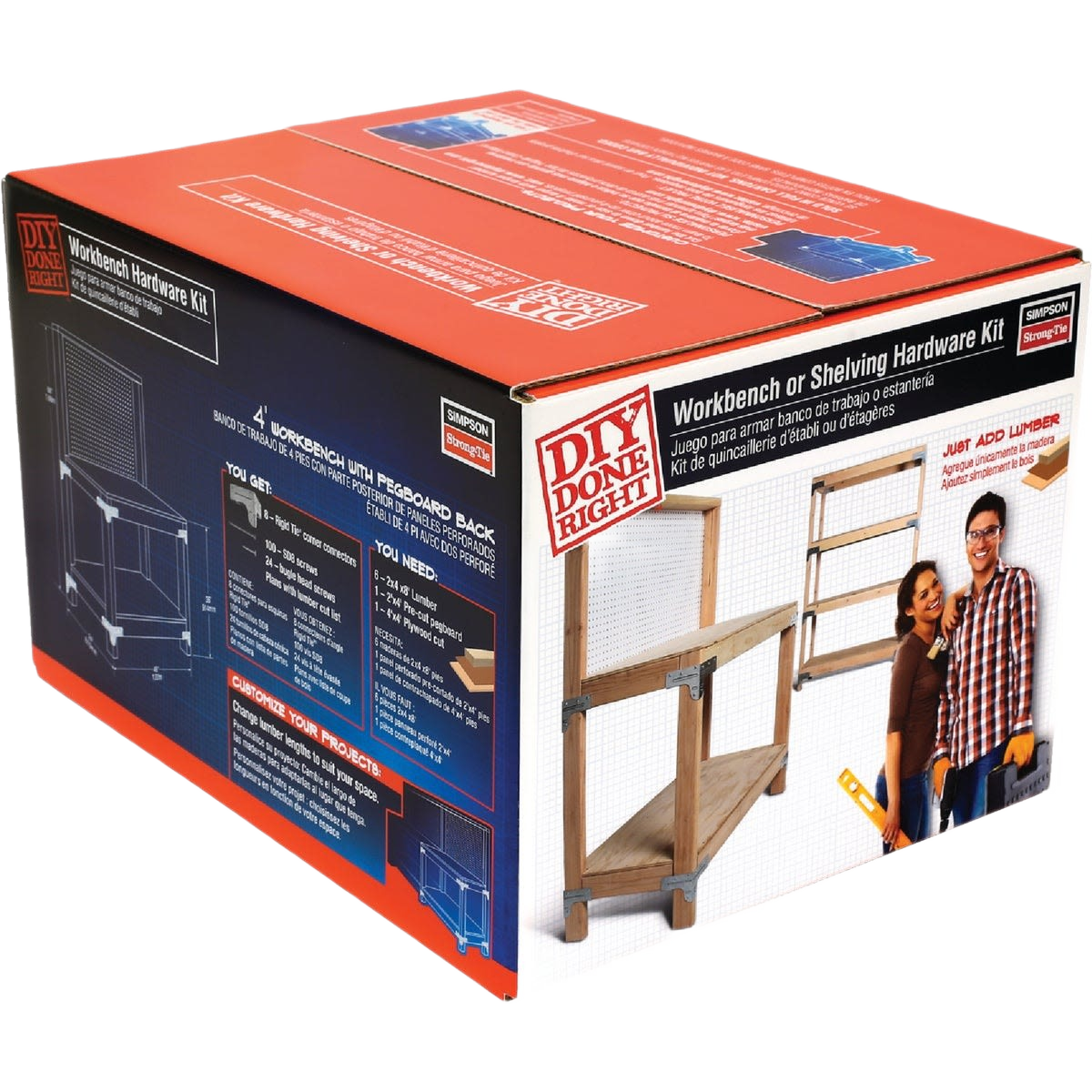 Boxed Simpson Strong-Tie workbench and shelving hardware kit for workshop organization and garage storage solutions