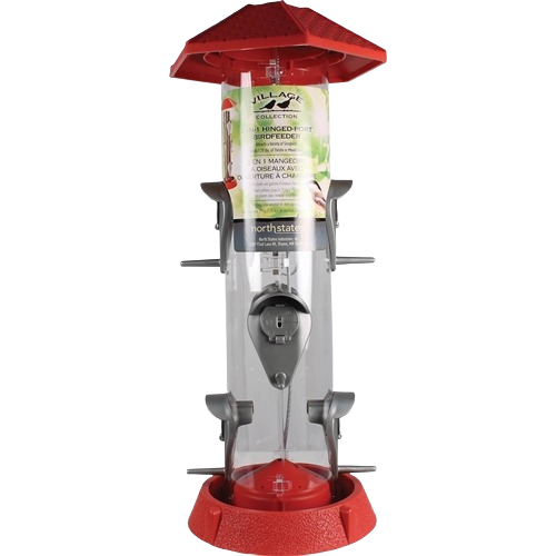 Red-topped clear plastic bird feeder with four gray feeding ports and perches for outdoor bird feeding.