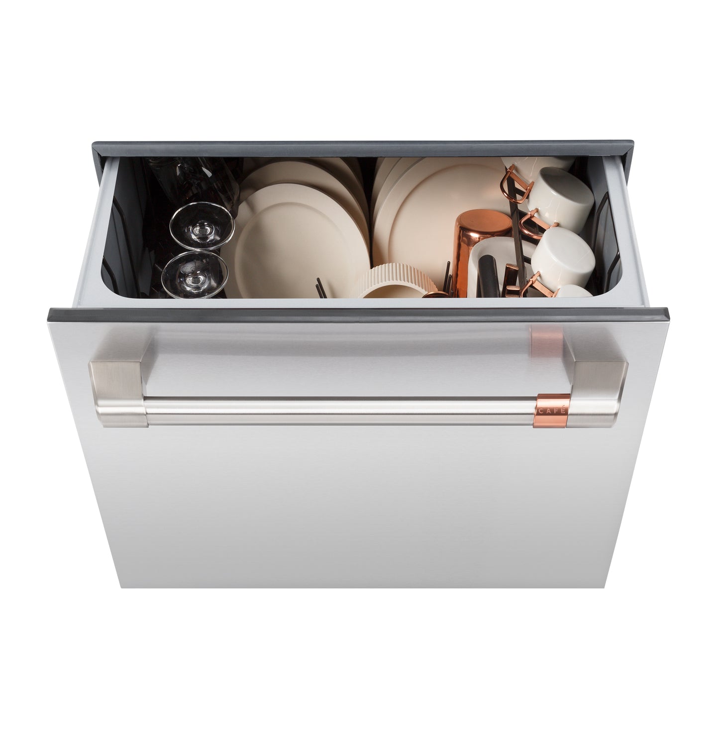 Top view of partially open stainless steel smart dishwasher drawer loaded with glassware and plates in Appliances collection
