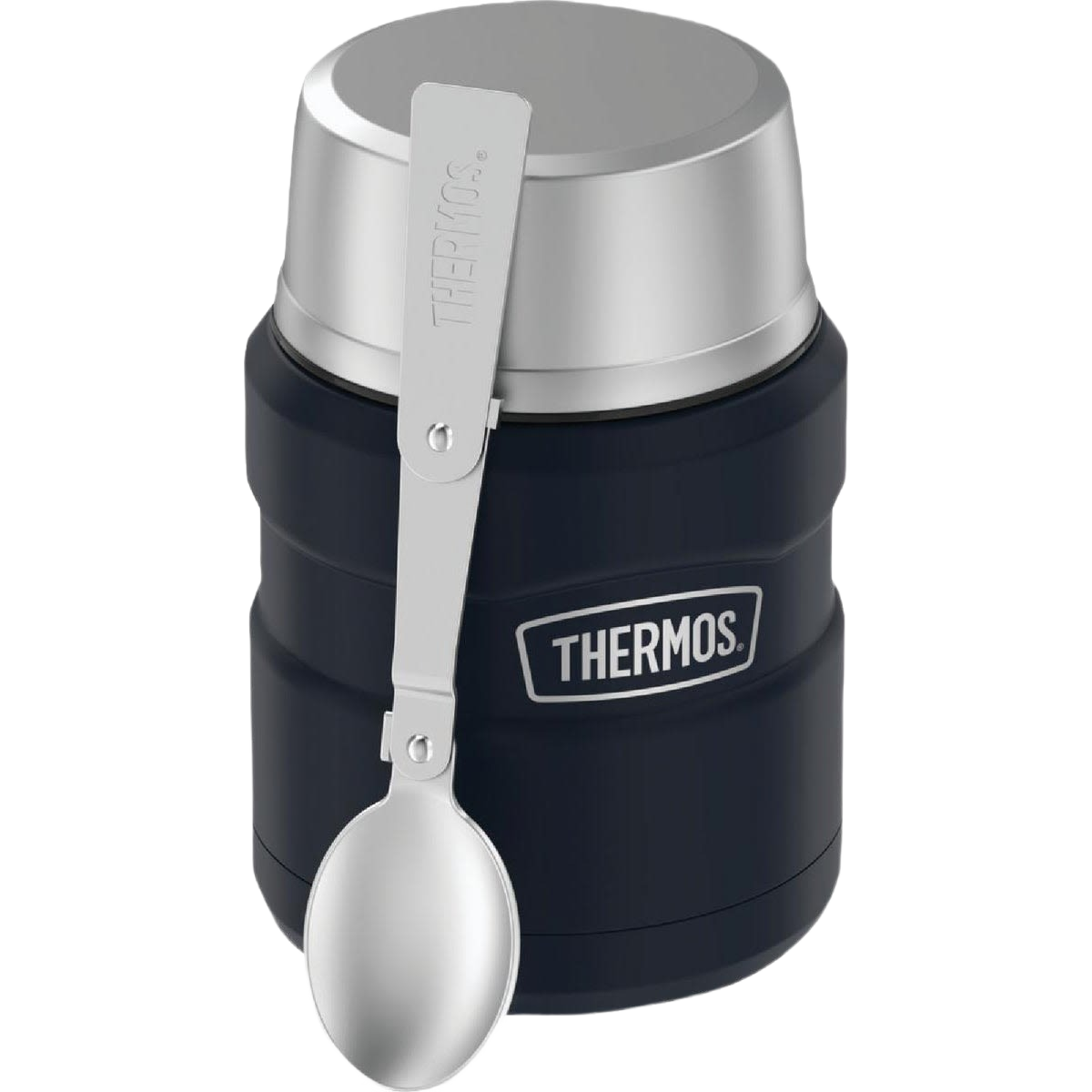 16 oz insulated stainless steel food jar in dark color with foldable spoon for kitchen storage and food organization