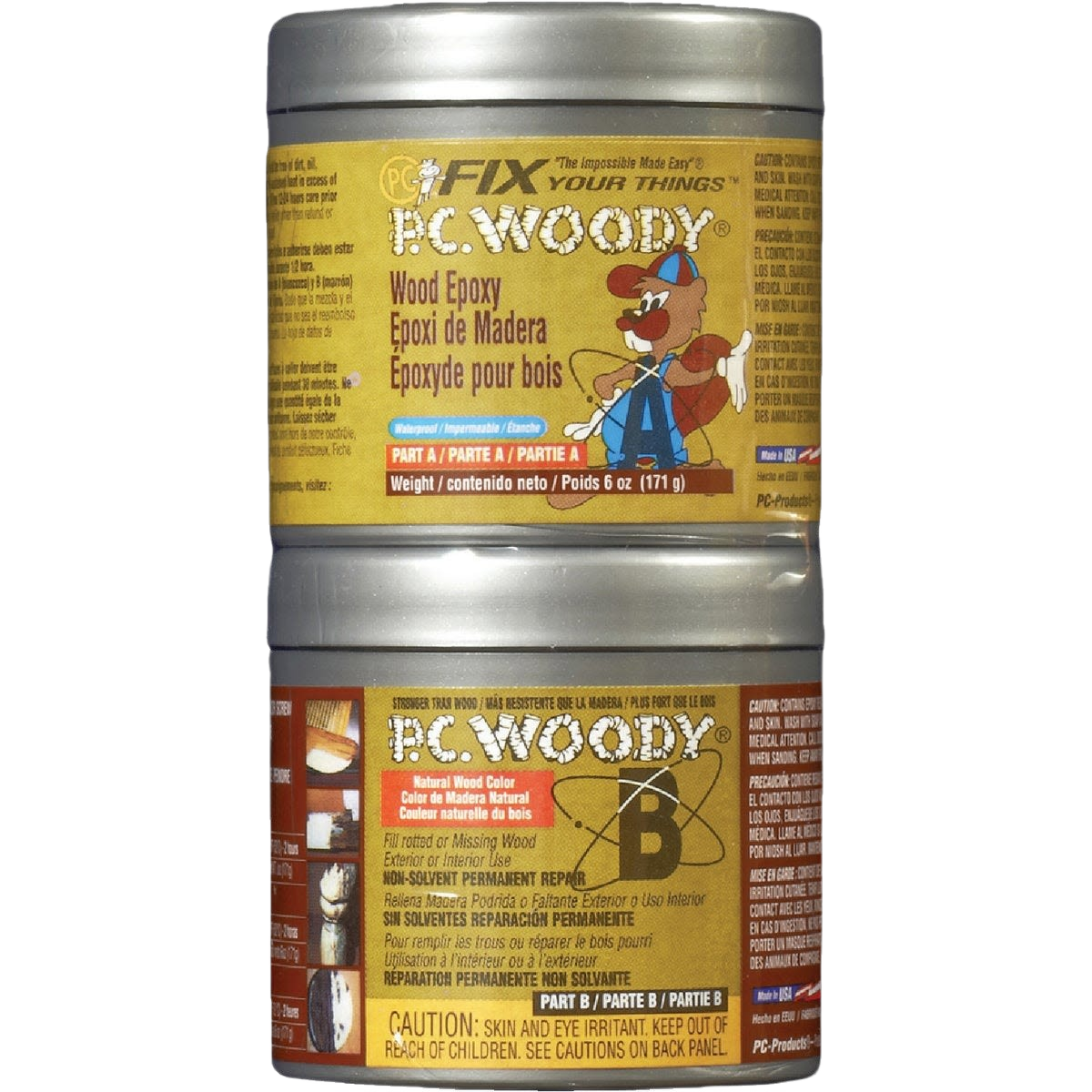 Two stacked metal containers of PC Woody wood epoxy paste multipurpose sealer for home improvement repairs under $50 collection