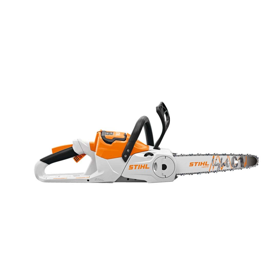 Orange and white battery-powered chainsaw with 12-inch bar designed for home improvement and outdoor cutting tasks