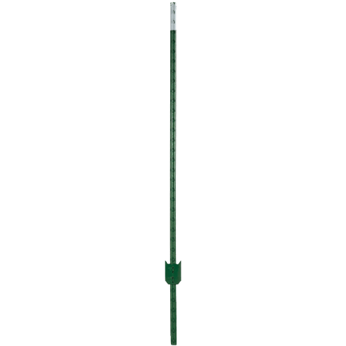 Green steel T-post with anchor plate and white top for fencing and home improvement projects