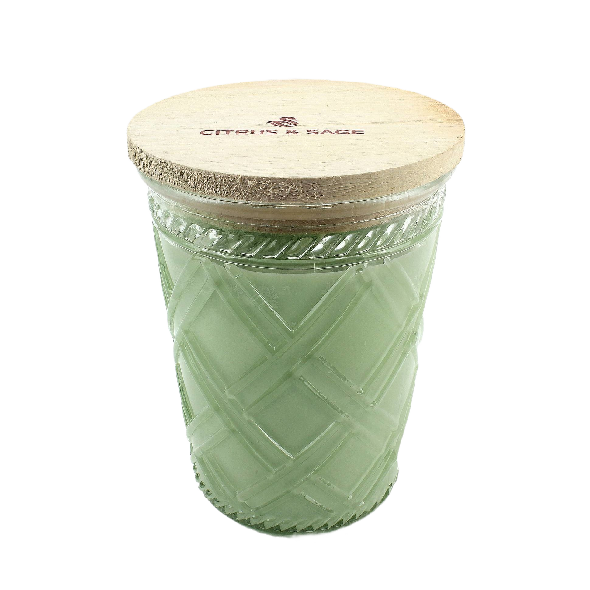 Green scented candle in textured glass jar with wooden lid engraved with Citrus & Sage branding