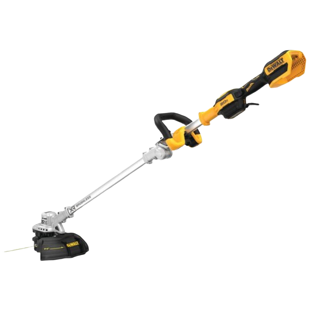 Yellow and black folding cordless string trimmer with 14-inch cutting width for home improvement and yard maintenance tasks
