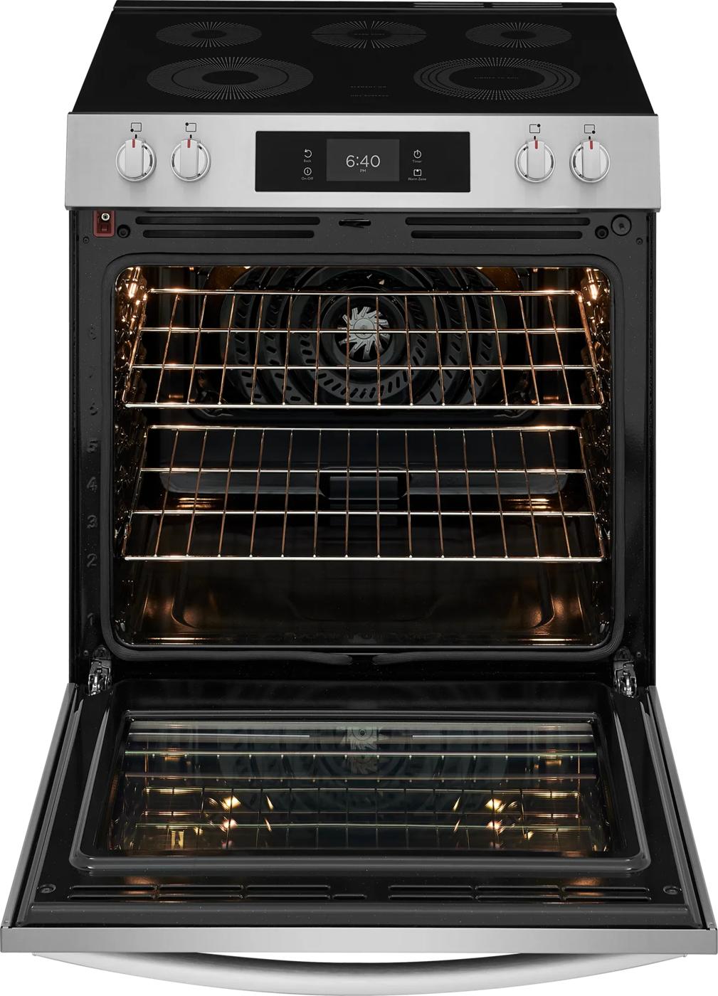 stainless steel electric range with smooth cooktop, front control knobs, digital timer, and open oven door for home improvement
