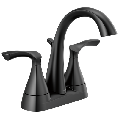 Matte black two-handle centerset bathroom faucet with curved spout for bathroom and plumbing collections