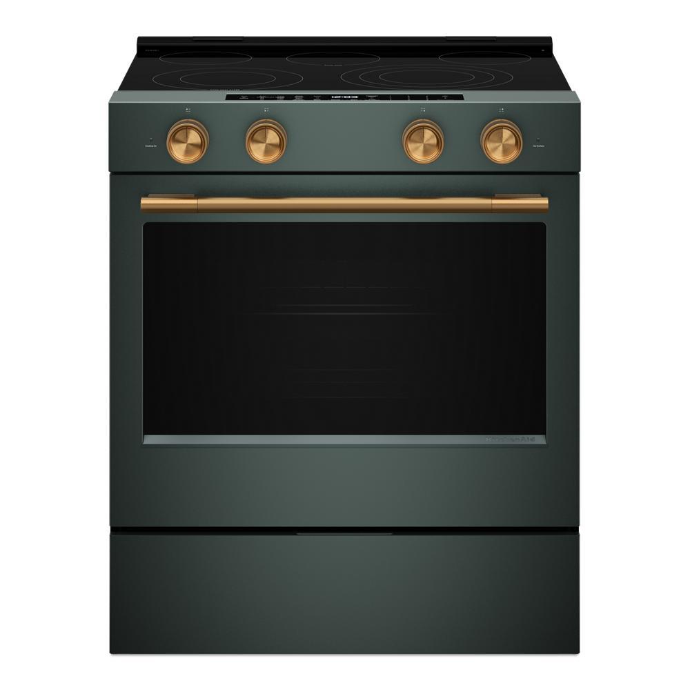Dark green 30-inch slide-in electric range with four gold-tone control knobs, smooth glass cooktop with four burners, and large oven window, part of Ranges, Electric Ranges, Kitchen & Kitchenware, KitchenAid, Appliances, and Ranges & Cooktops collections.